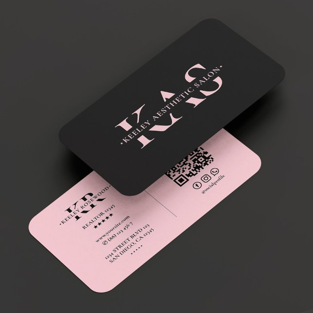 Aesthetic Black Rosa Beauty Monogram QR Visitkort (Aesthetic Black Pink Beauty Monogram QR Business Card
)