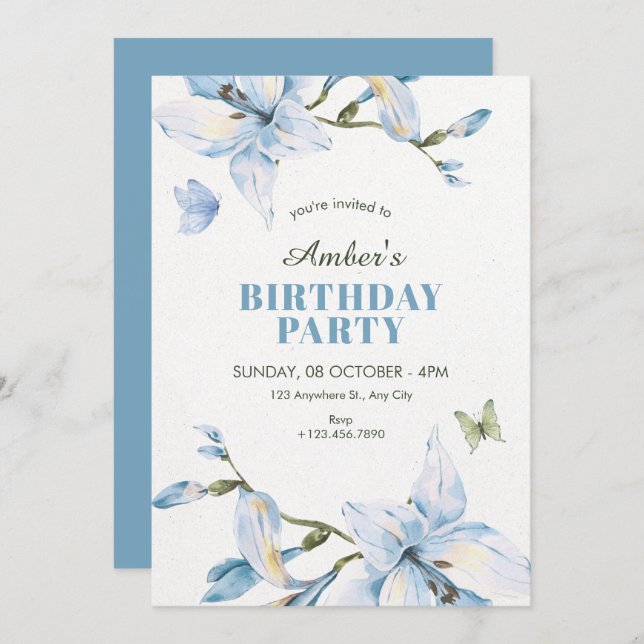 Aesthetic blue flower bloom birthday inbjudningar (Fram/baksida)