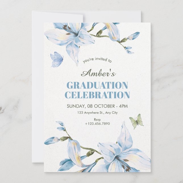 Aesthetic blue flower bloom graduation inbjudningar (Framsida)