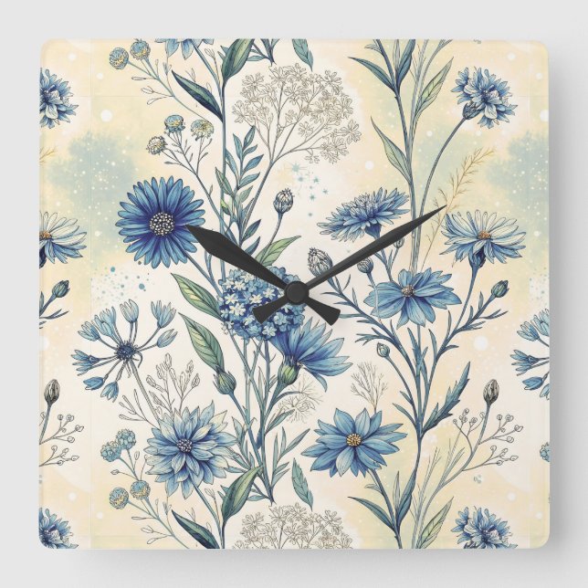 Aesthetic Blue Wildflowers Fyrkantig Klocka (Framsida)