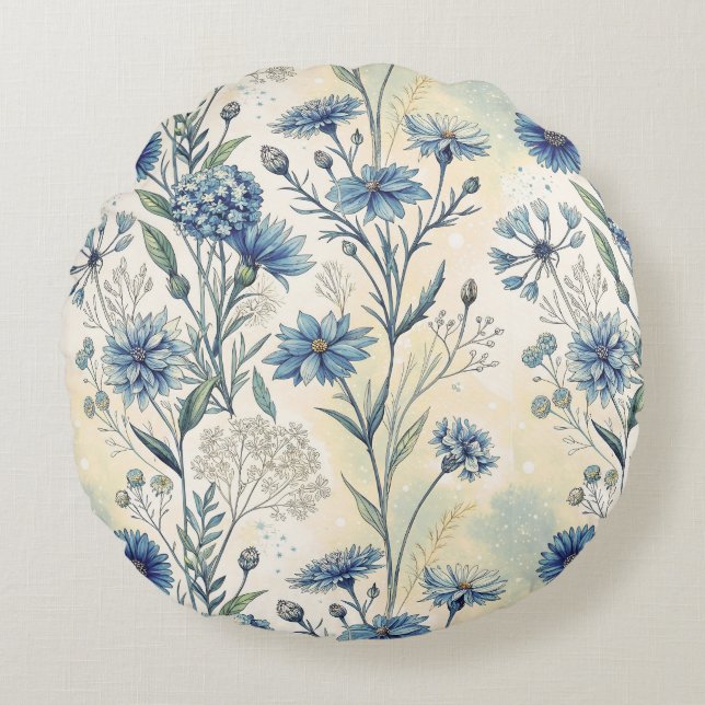 Aesthetic Blue Wildflowers Rund Kudde (Framsidan)