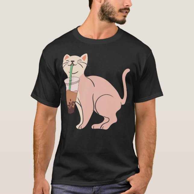Aesthetic Cat Drinking Bob  best cat illustration  T Shirt (Framsida)