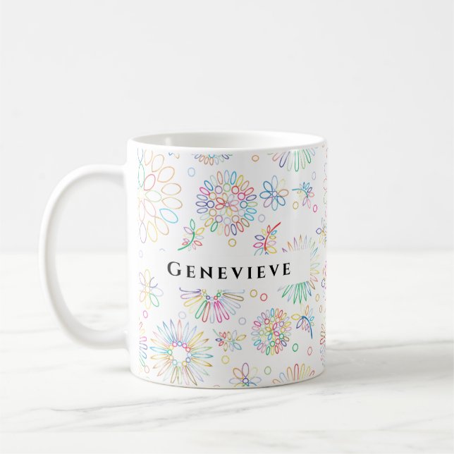Aesthetic Cheerfull Blommigt Lineart Mönster Anpas Kaffemugg (Vänster)