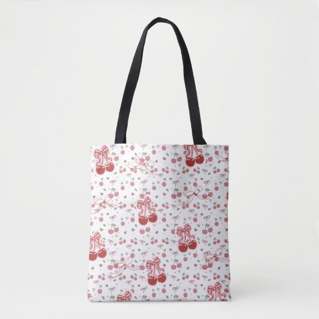 Aesthetic Cherry Tote Bag with Hearts & Bow Tygkasse (Framsida)