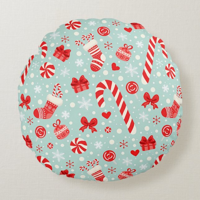 Aesthetic Christmas Pattern Candy Rund Kudde (Framsidan)