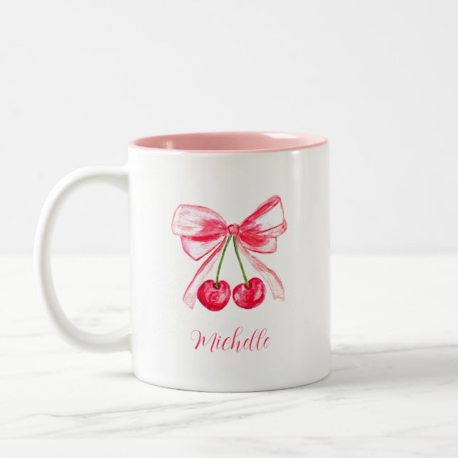 Aesthetic Coquette Rosa Bow Elegant Watercolor Två-Tonad Mugg (Vänster)