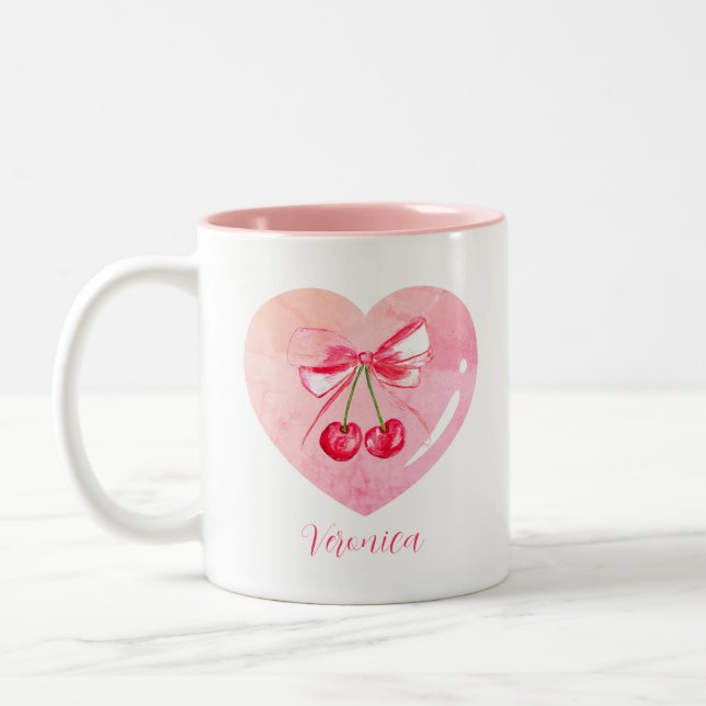Aesthetic Coquette Rosa Bow Elegant Watercolor Två-Tonad Mugg (Vänster)