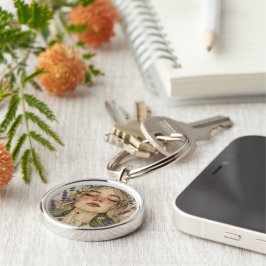 Aesthetic Cottagecore Girl with Wildflowers Art Rund Silverfärgad Nyckelring