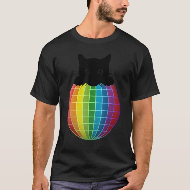 Aesthetic Disco Boll Rainbow Black Cat Disco Cat T Shirt (Framsida)