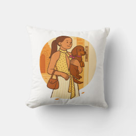 Aesthetic Dog Mom Holding Puppy Illustration Kudde