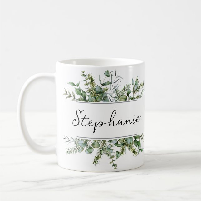 Aesthetic Fresh Greenery Personalize Namn Kaffemugg (Vänster)