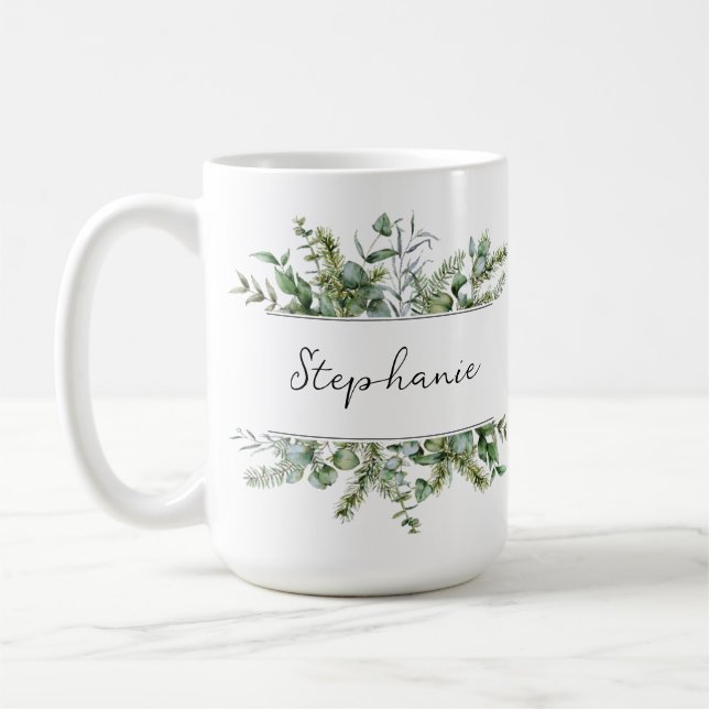 Aesthetic Fresh Greenery Personalize Namn Mugg (Vänster)