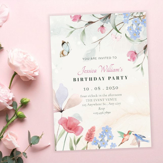 Aesthetic garden floral, bird, butterfly birthday inbjudningar (Skapare uppladdad)