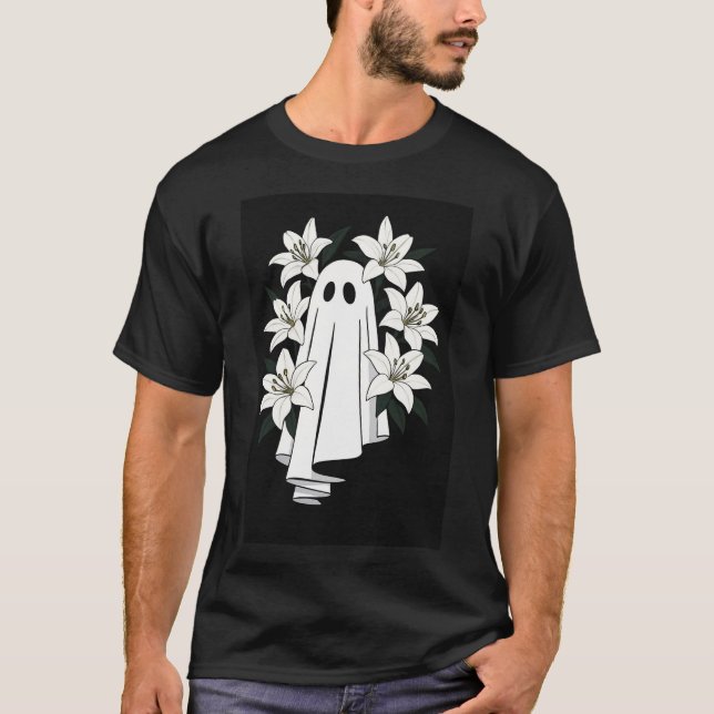 Aesthetic Ghost med White Lilies - Spooky Cute Fl T Shirt (Framsida)