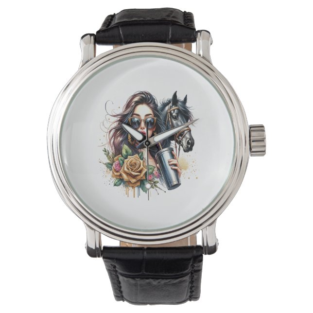 Aesthetic Girl Horse Glitter Ro Armbandsur (Framsida)