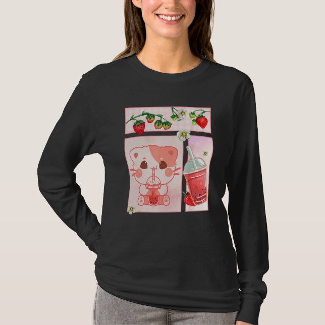 Aesthetic Harajuku Cute Cat Drink Strawberry Boba  T Shirt (Framsida)