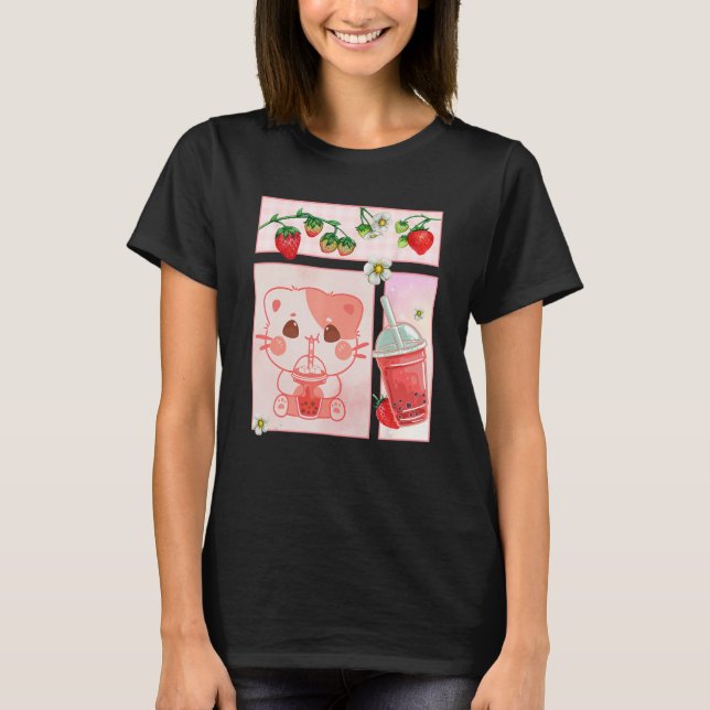 Aesthetic Harajuku Cute Cat Drink Strawberry Boba  T Shirt (Framsida)