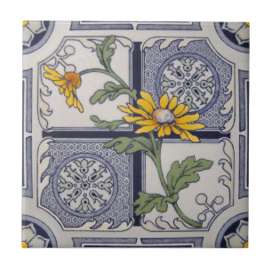 Aesthetic Late Victorian Blue Gult Blommigt Repro Kakelplatta