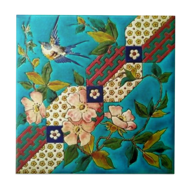 Aesthetic Longwy Bird Dogwood Repro från 1800-tale Kakelplatta (Framsidan)