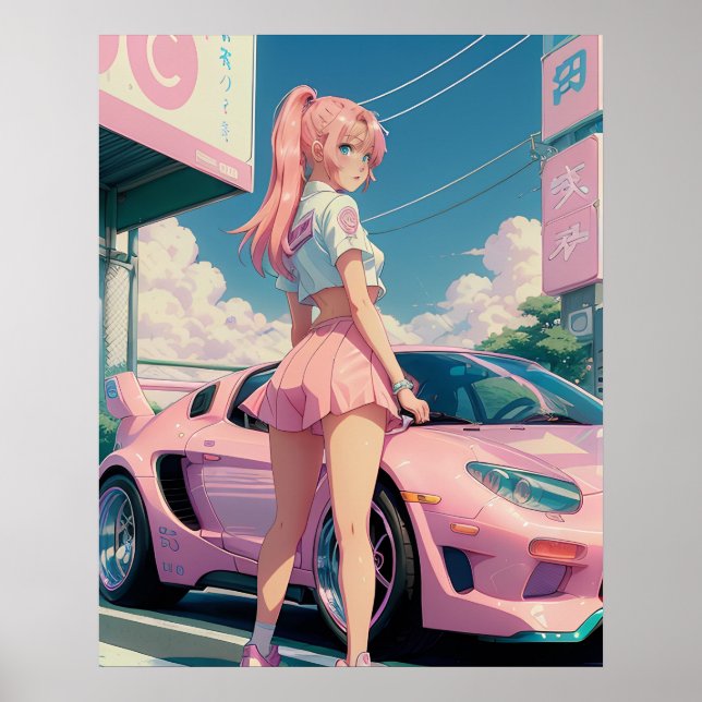Aesthetic Pastel Rosa Anime Girl Drifter Poster (Framsidan)