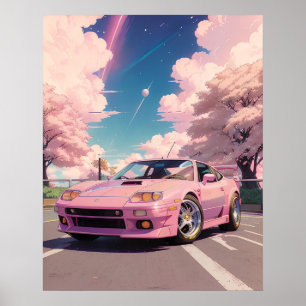 Aesthetic Pastel Rosa Car Driving in Tokyo under Poster