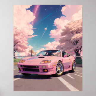 Aesthetic Pastel Rosa Car Driving in Tokyo under Poster