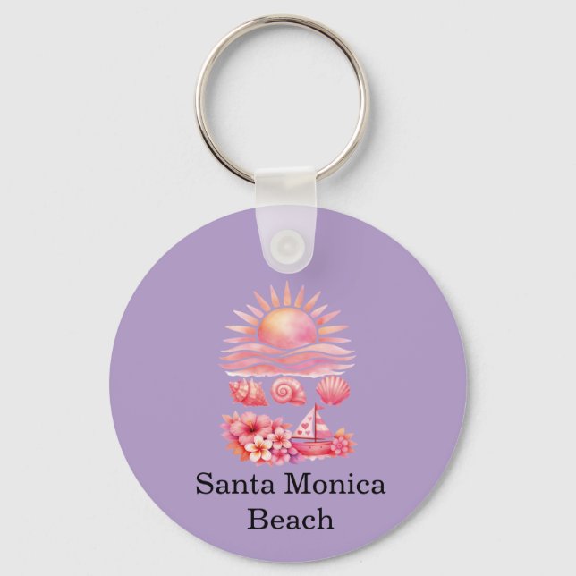 Aesthetic Pink Beach Sunset Watercolor Nyckelring (Framsida)