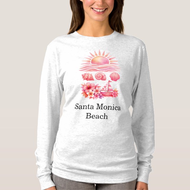 Aesthetic Pink Beach Sunset Watercolor T Shirt (Framsida)