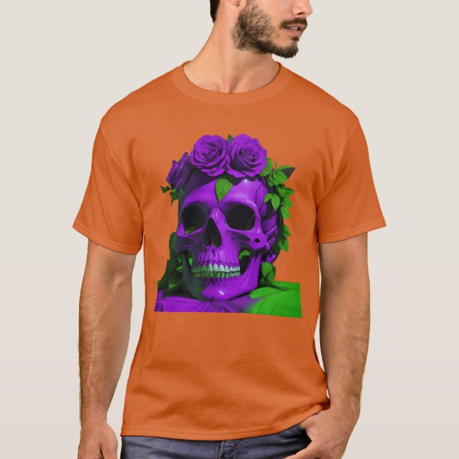 Aesthetic Skulls and Roses Violet and Green friend T Shirt (Framsida)