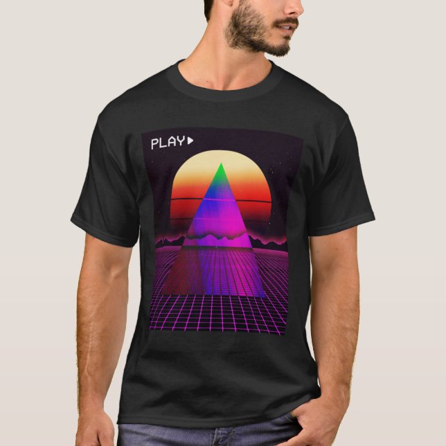 Aesthetic Synthwave Outrun Style Grid Sunset sunri T Shirt (Framsida)