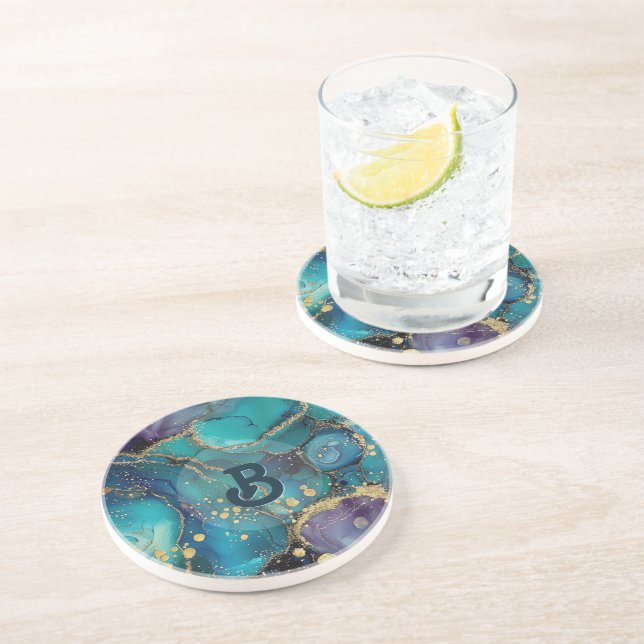 Aesthetic Turquoise & Gold Flowing Marble Underlägg (Sidan)
