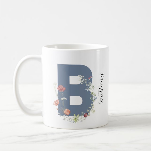 Aesthetic Watercolor Blommigt Brev B Monogram Kaffemugg (Vänster)