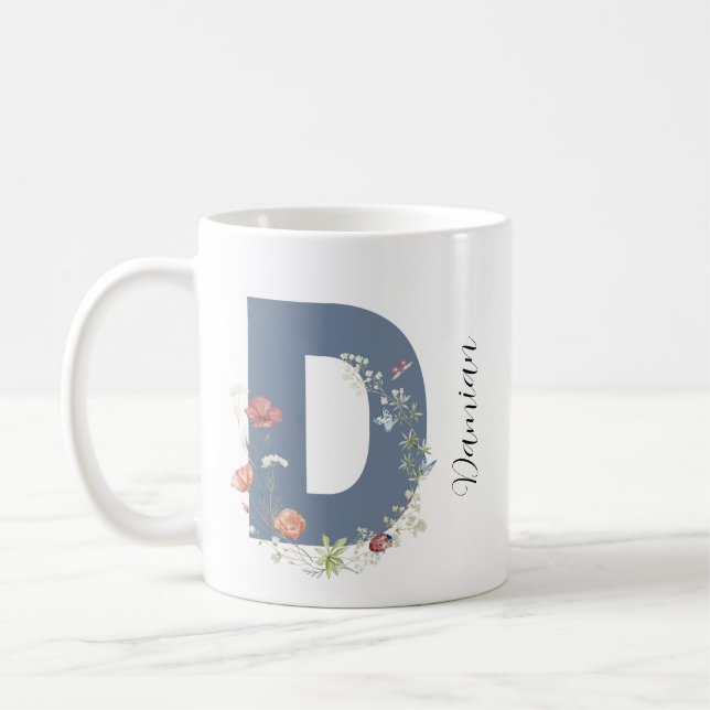 Aesthetic Watercolor Blommigt Brev D Monogram Kaffemugg (Vänster)