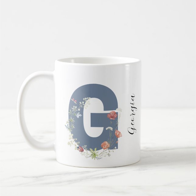 Aesthetic Watercolor Blommigt Brev G Monogram Kaffemugg (Vänster)