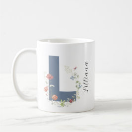 Aesthetic Watercolor Blommigt Brev L Monogram Kaffemugg