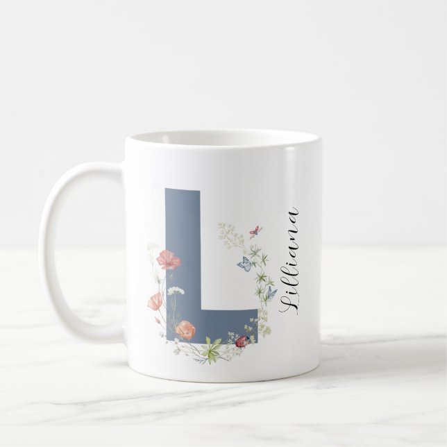 Aesthetic Watercolor Blommigt Brev L Monogram Kaffemugg (Vänster)
