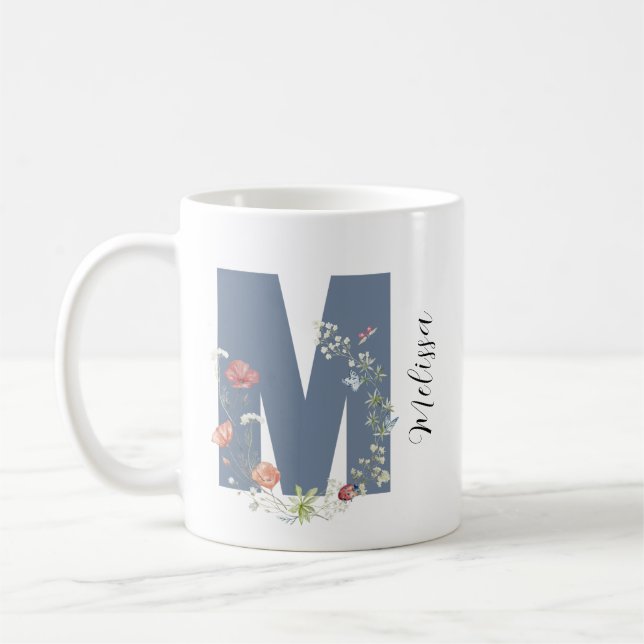 Aesthetic Watercolor Blommigt Brev M Monogram Kaffemugg (Vänster)