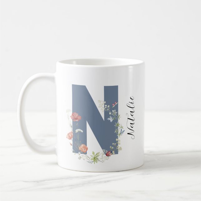 Aesthetic Watercolor Blommigt Brev N Monogram Kaffemugg (Vänster)
