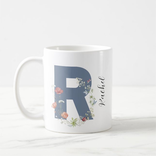 Aesthetic Watercolor Blommigt Brev R Monogram Kaffemugg (Vänster)