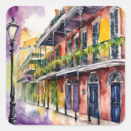 Aesthetic Watercolor Mardi Gras Bourbon Street Fyrkantigt Klistermärke