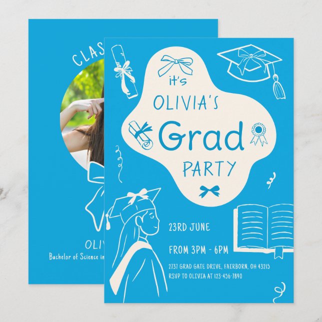 Aesthetic Whimsical Hand Drawn Graduation Party  Inbjudningar (Fram/baksida)