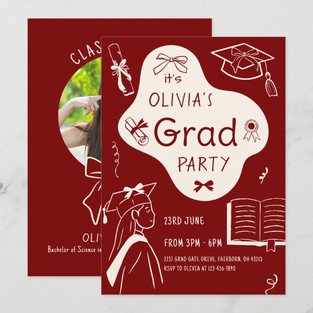 Aesthetic Whimsical Hand Drawn Graduation Party  Inbjudningar (Fram/baksida)