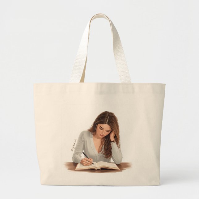 Aesthetic Woman Writing Illustration Tote Bag Jumbo Tygkasse (Framsidan)