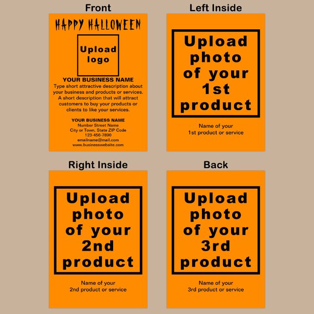 Affärs Halloween Orange Färg Vikad Hälsning Kort (Orange color Halloween folded greeting card with your business brand and products or services.)