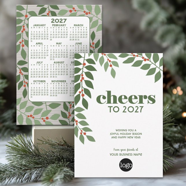 Affärs Hälsning med 2024 Kalender och Logotyp Julkort (Business Holiday Card with 2027 Calendar - Can Include Corporate Logo)