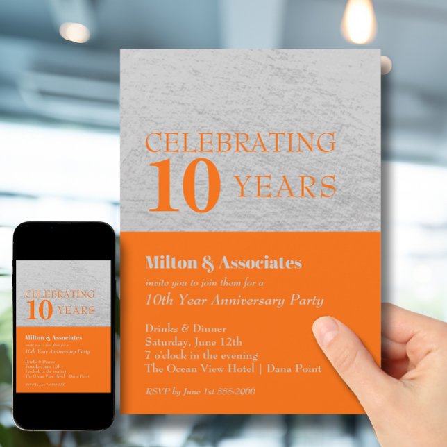 Affärsårsdag Firande Orange Silver Inbjudningar (Change to ANY YEAR. Order printed and instant download (great to email as a reminder.))