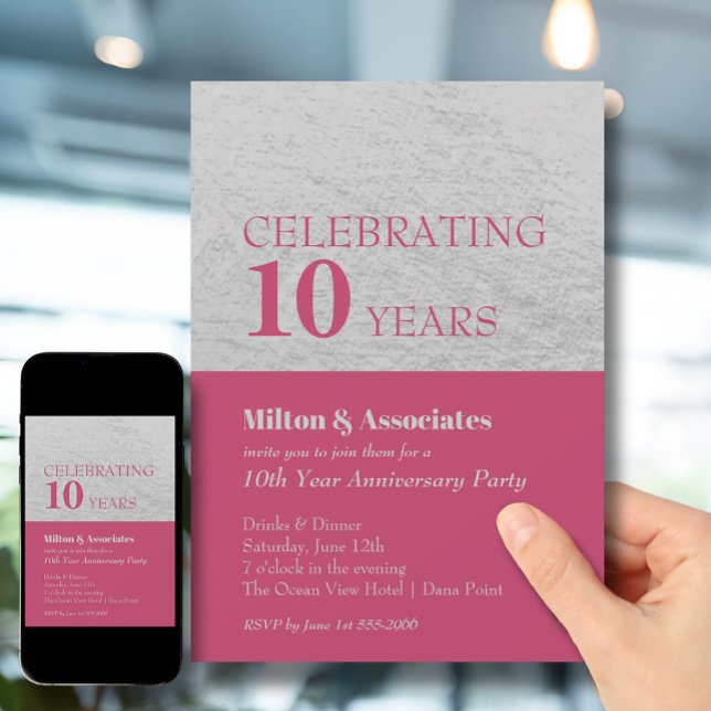 Affärsårsdag Firande Shock rosa Silver Inbjudningar (Change to ANY YEAR. Order printed and instant download (great to email as a reminder.))
