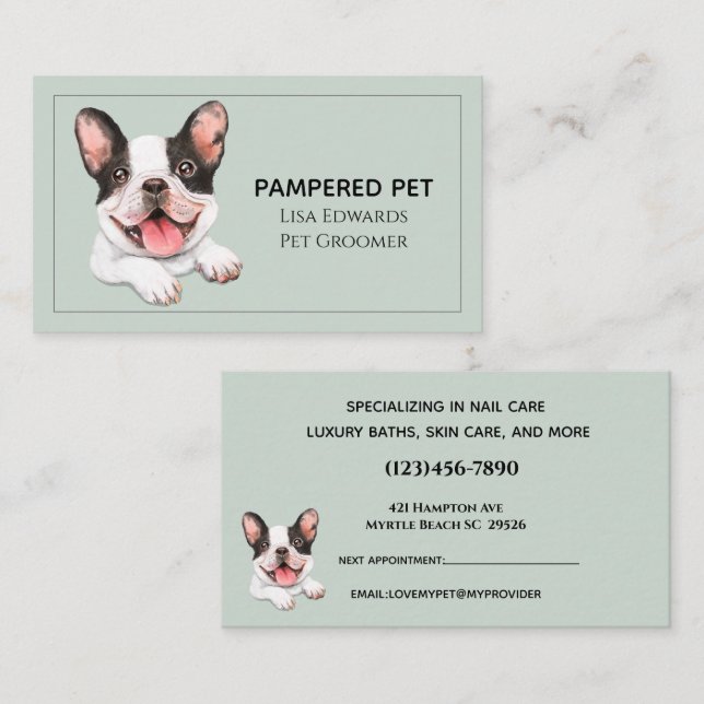 Affärsavtalskort för Groomer-Grönten för Cute Hund Tidsbeställning Kort (Fram/baksida)