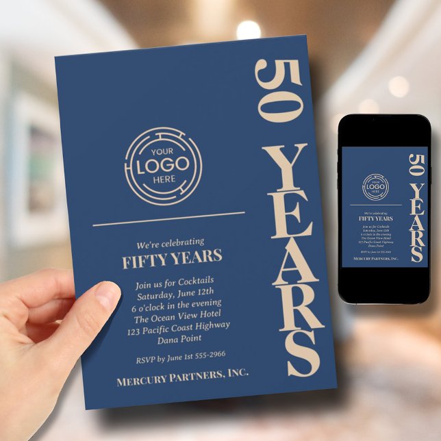 Affärsdag, årsdag, marinblått Logotyp Inbjudningar (Business Logo Anniversary Invitations - navy blue and light gold. Printed and/or Instant Download)