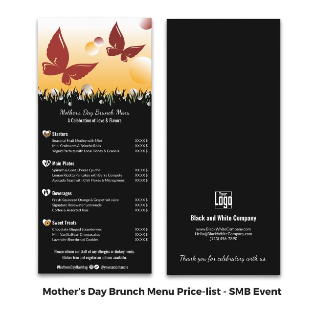 Affärsevenemang Morsdagsbrunch Prislista Meny (Business Event Mother's Day Brunch Price-list Menu - Black & White)